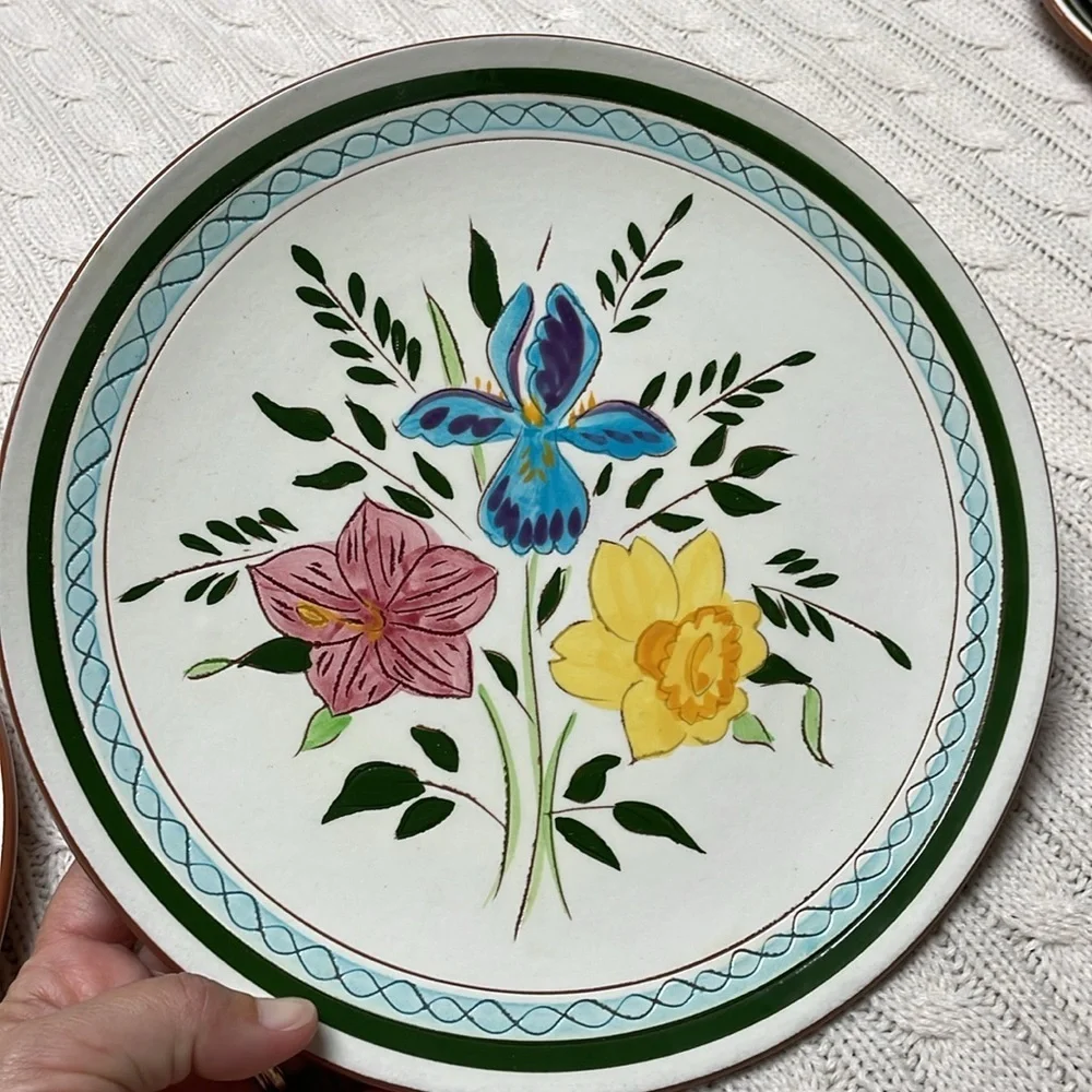2 VTG Stangl 10” dinner plates Country Garden. Blue iris daffodil hand painted